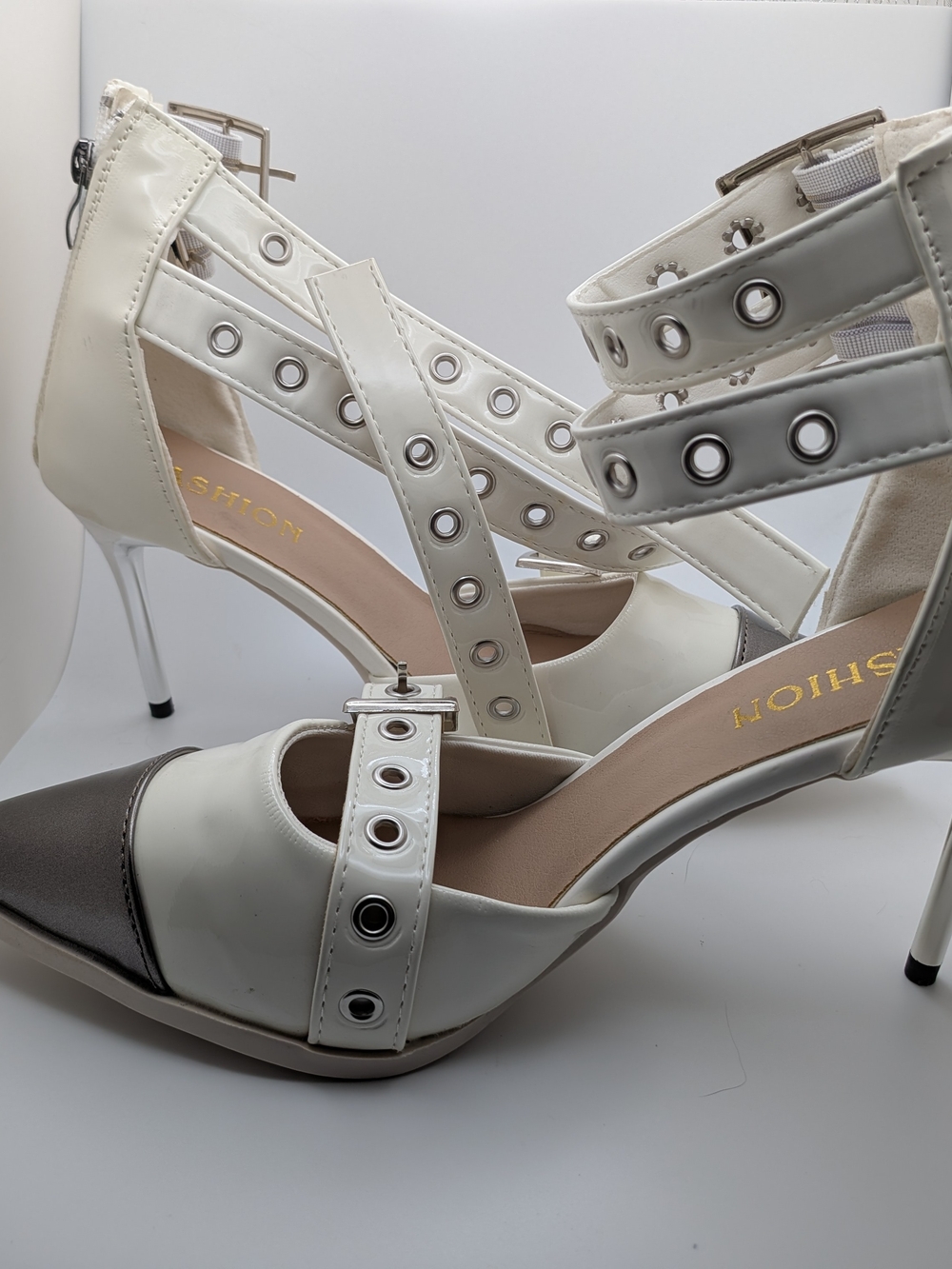 White and Gray Strappy Stiletto Heels With Zipper Back
